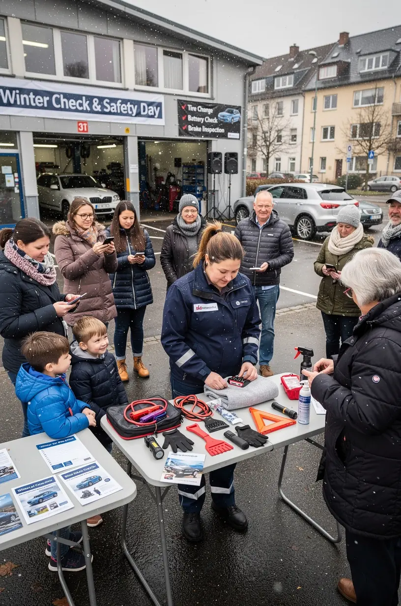Mechaniker zeigt Schulungsmaterial zum sicheren Fahren und Verhalten bei winterlichen Bedingungen.