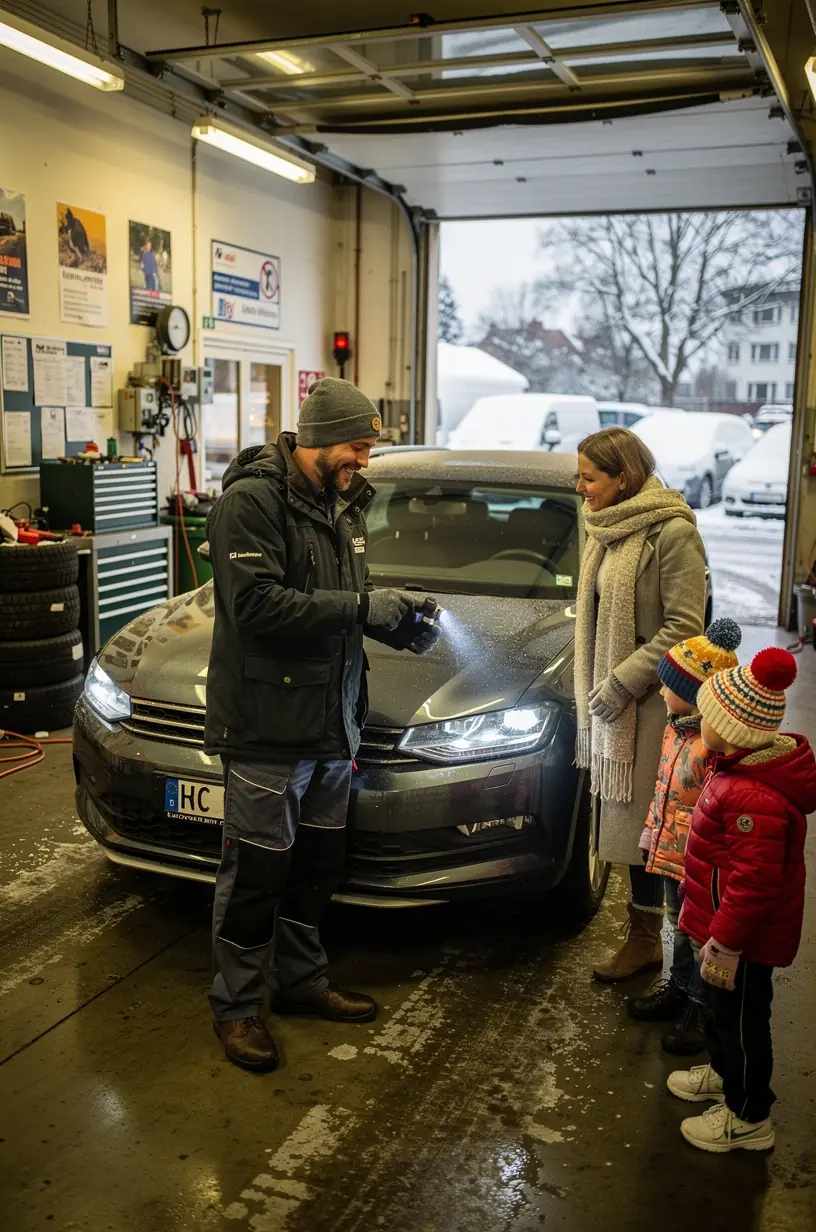 Techniker kontrolliert Motorölstand und Frostschutzmittel im Motorraum eines Autos.