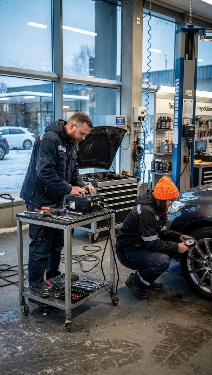 Mitarbeiter wechselt verschlissene Scheibenwischerblätter für optimale Sicht bei Winterwetter.